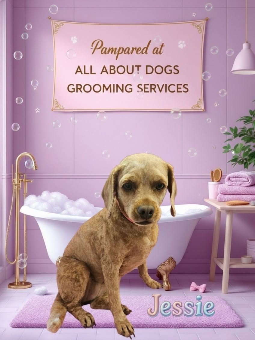 Jessie, a sandy-coated dog, freshly pampered at All About Dogs Grooming Services