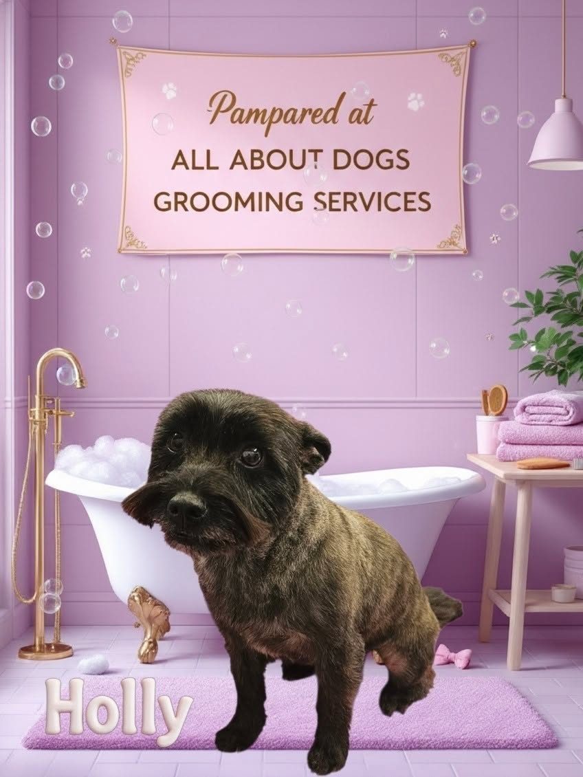 Holly, a dark brindle dog, after her groom