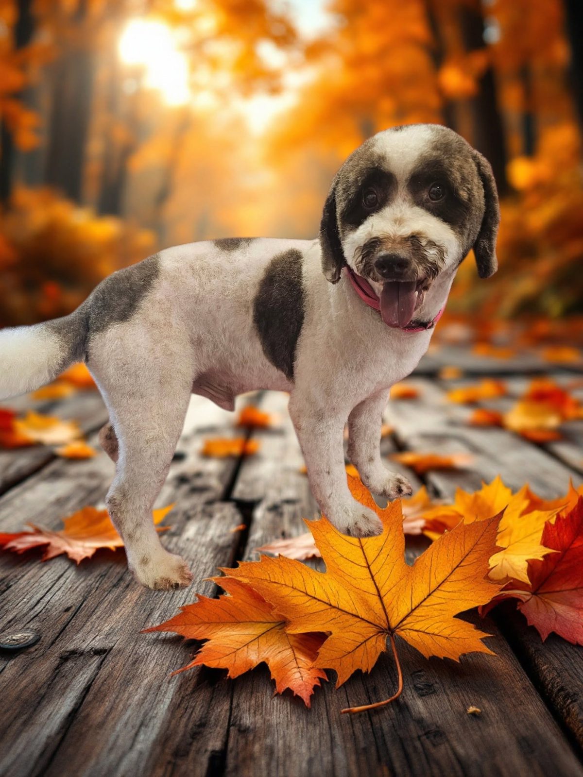 A white and grey dog with a fresh short trim, standing among autumn leaves