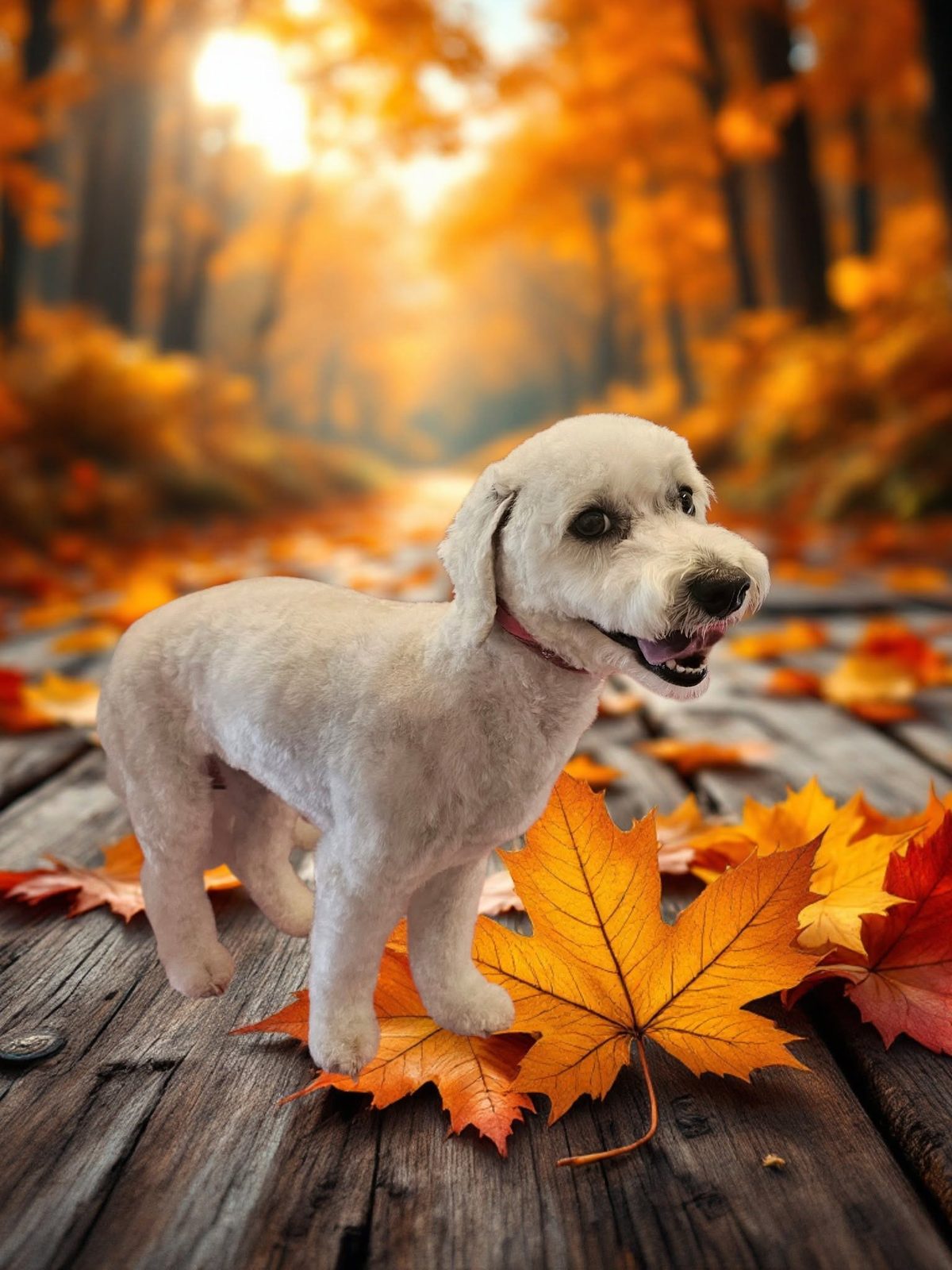 A white dog with a tidy clip, standing and smiling