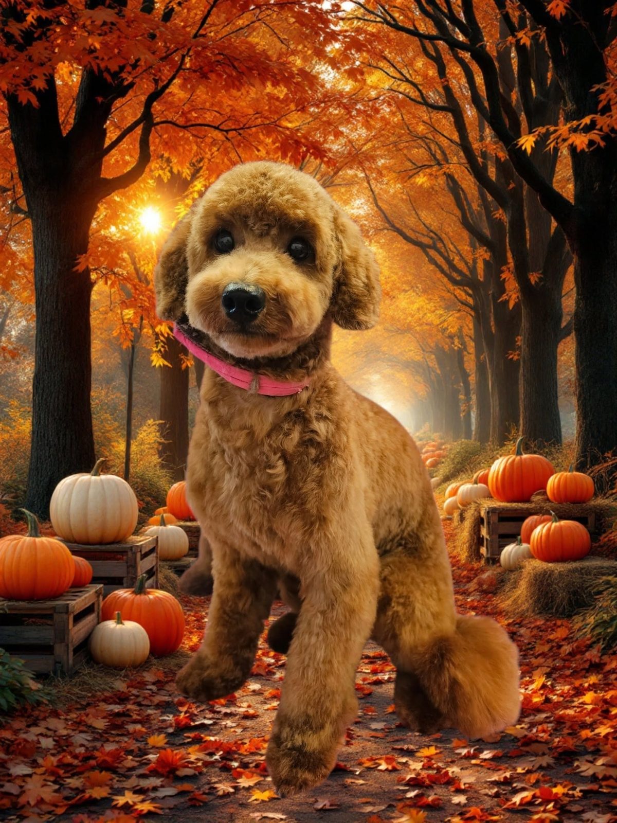 An apricot poodle cross with a pink collar, freshly groomed