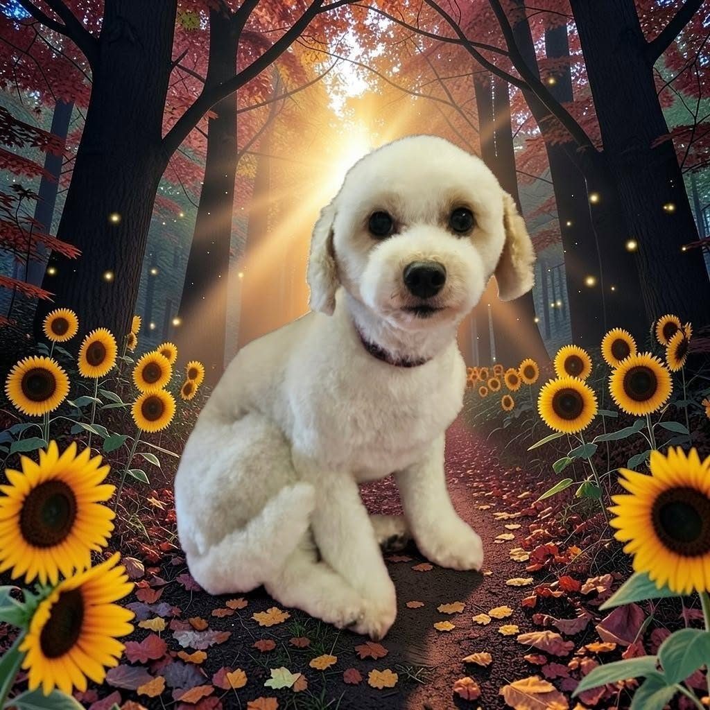 A white curly dog with a rounded face trim