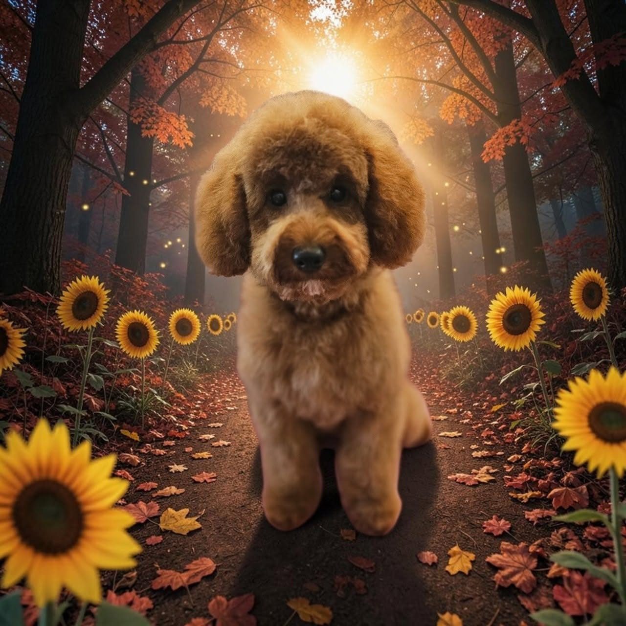 A red-brown poodle cross with a fluffy rounded trim
