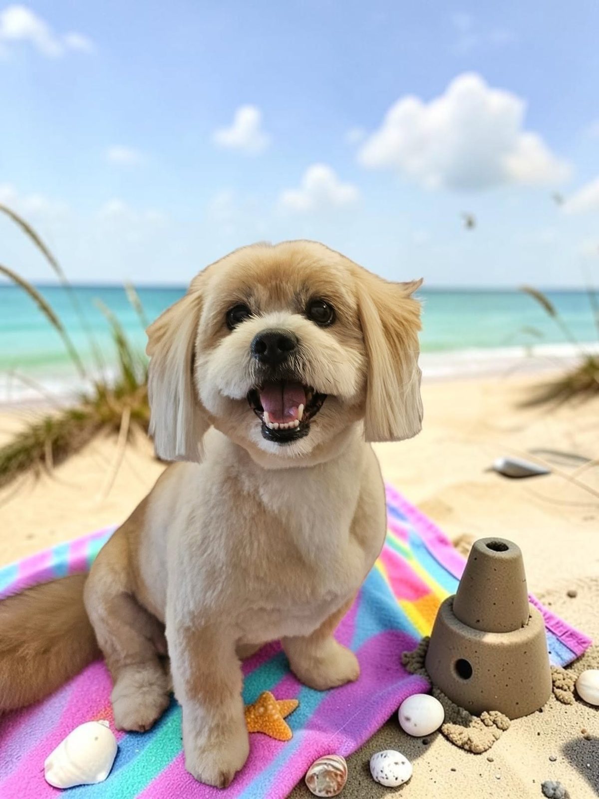 A fluffy golden dog sitting on a striped towel after a groom