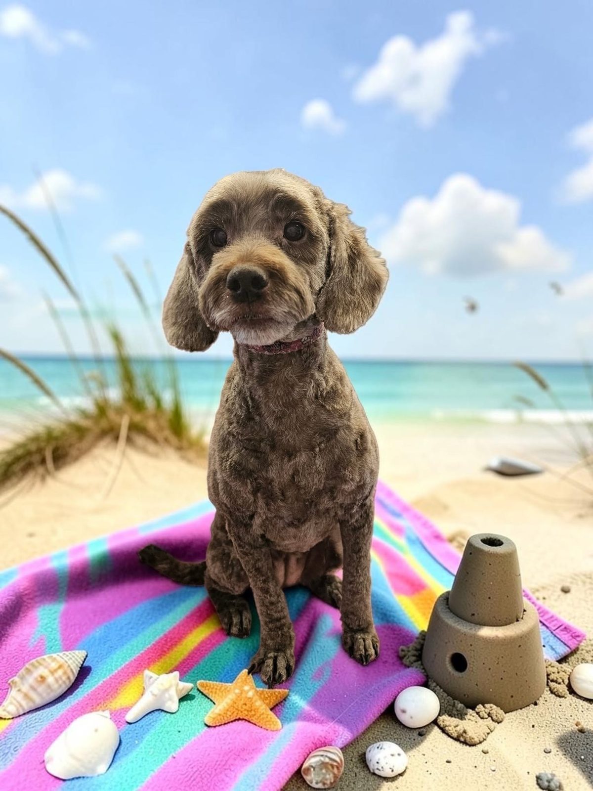 A grey poodle cross sitting neatly on a striped towel