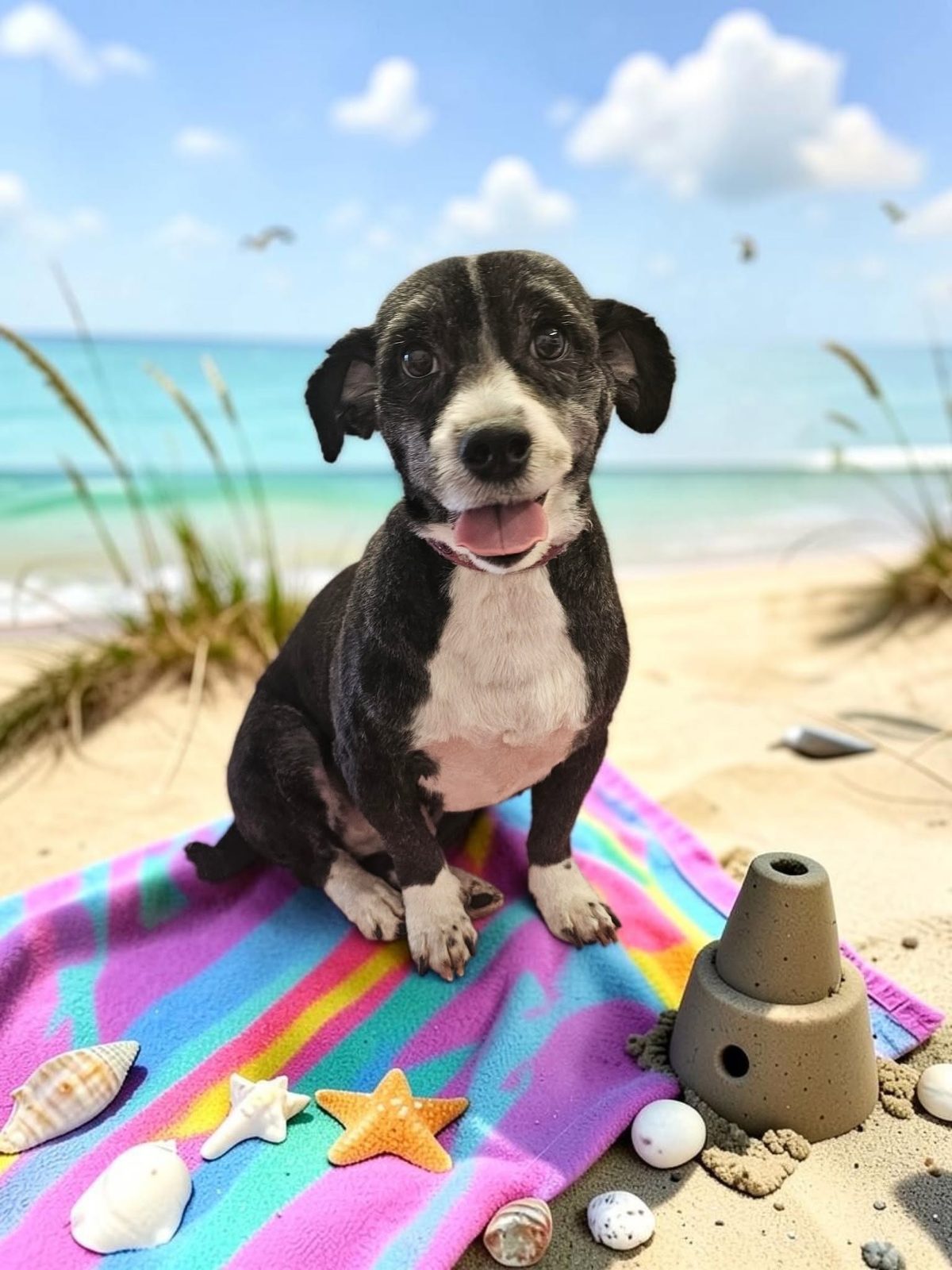 A black and white dog with a fresh trim, sitting on a towel
