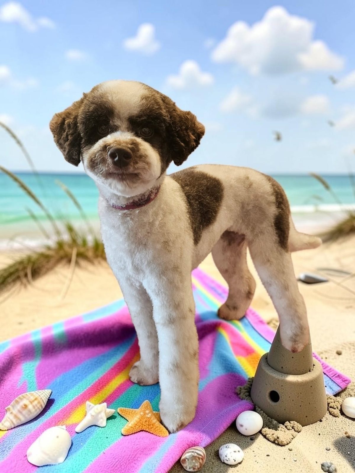 A brown and white dog with a fresh trim, standing on a towel
