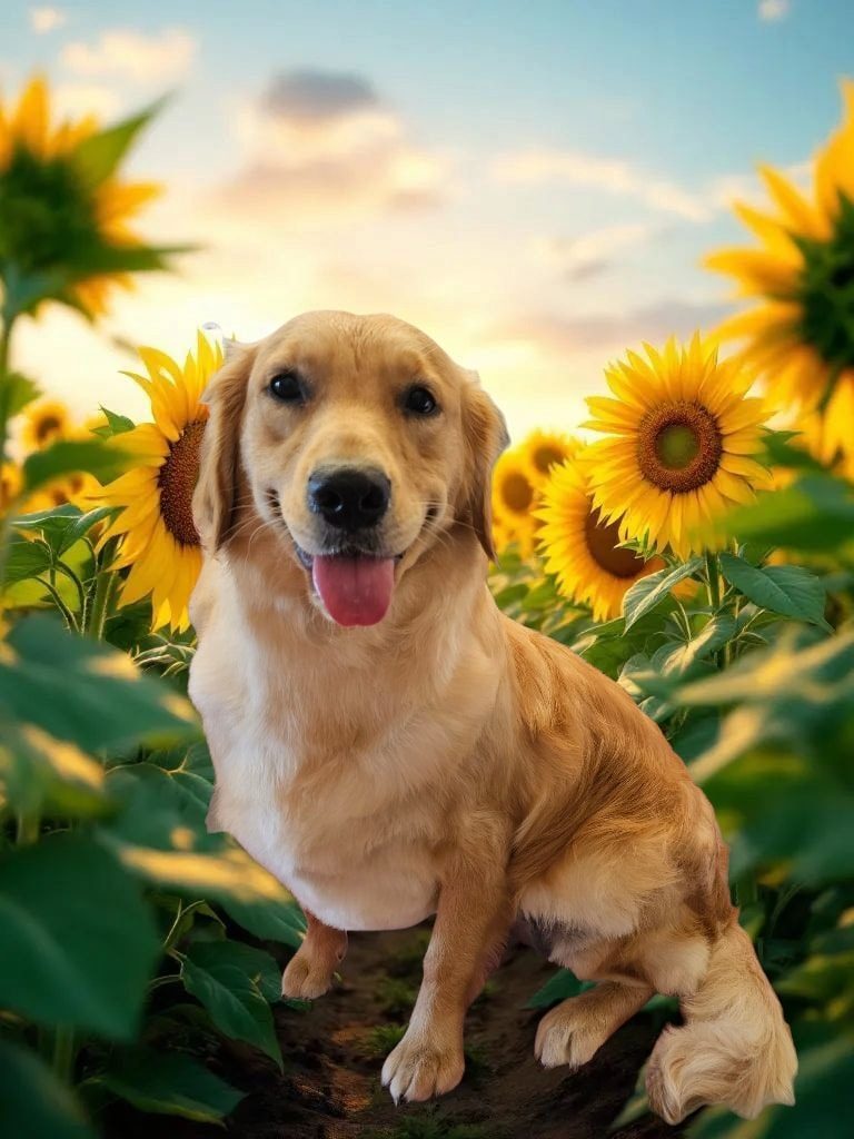 A golden retriever sitting happily after a groom, tongue out
