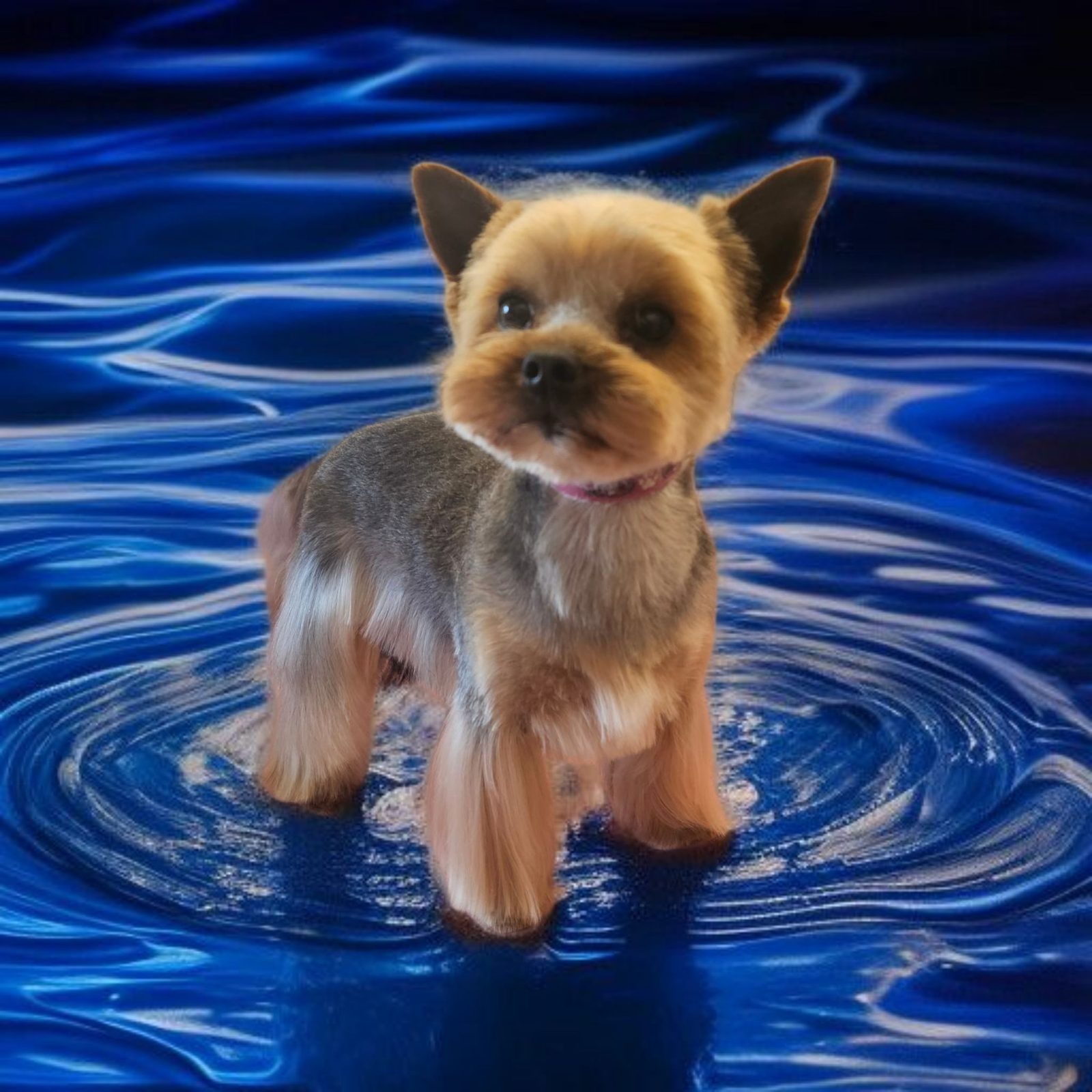A Yorkshire terrier with a neat short trim