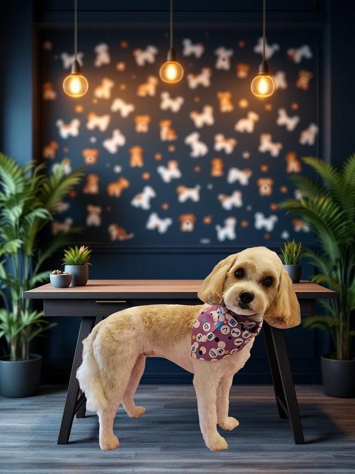 A cream cockapoo-type dog with a neat trim and a patterned bandana