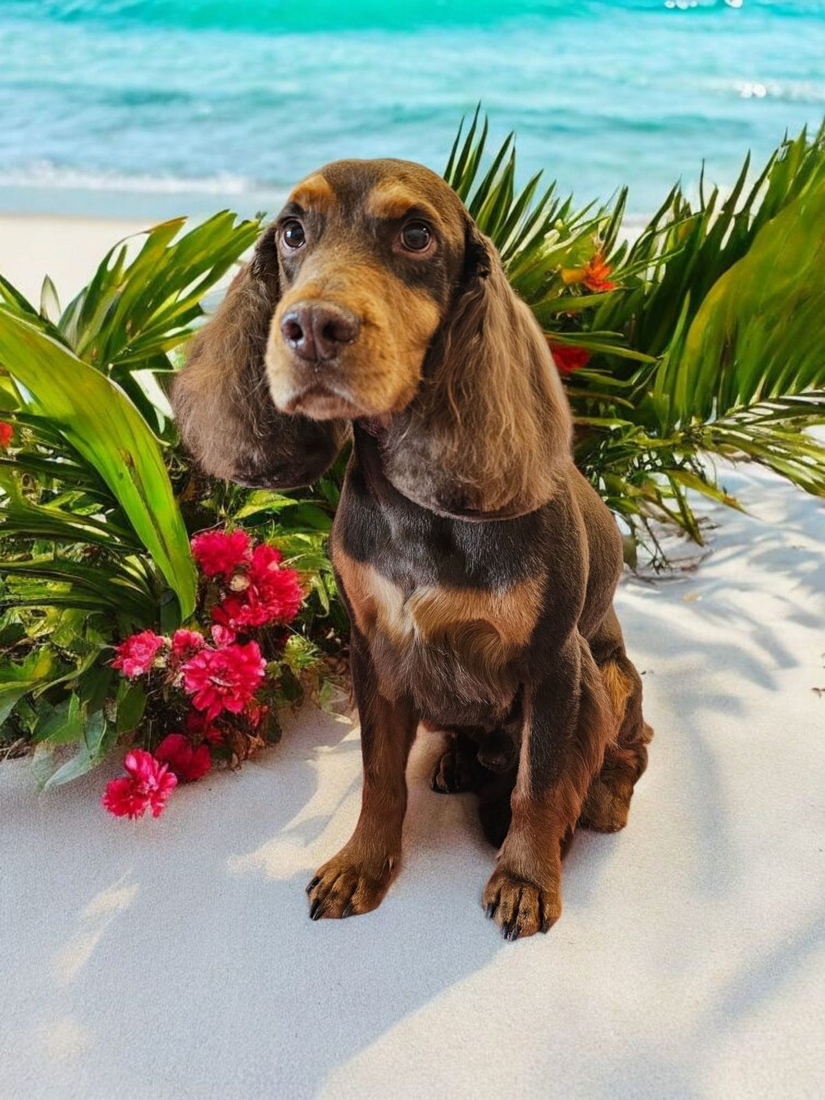 A chocolate cocker spaniel sitting neatly after a groom