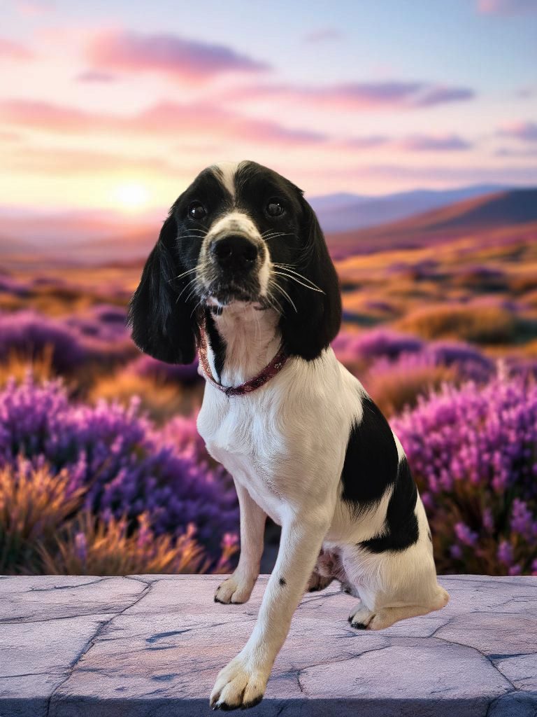 A black and white spaniel-type dog sitting up tall after grooming