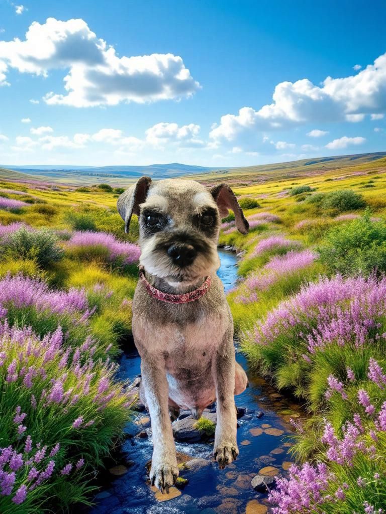 A grey schnauzer cross with a neat face trim