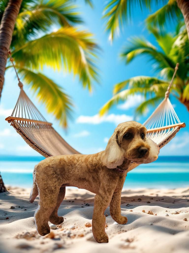 An apricot poodle cross with a short, even clip