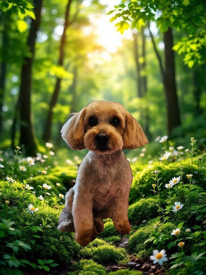 An apricot dog with a rounded teddy-bear face trim