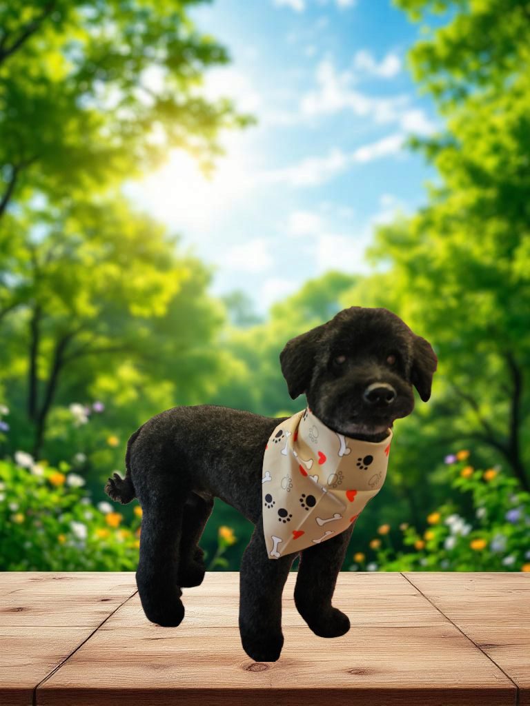 A black poodle in a paw-print bandana after a groom
